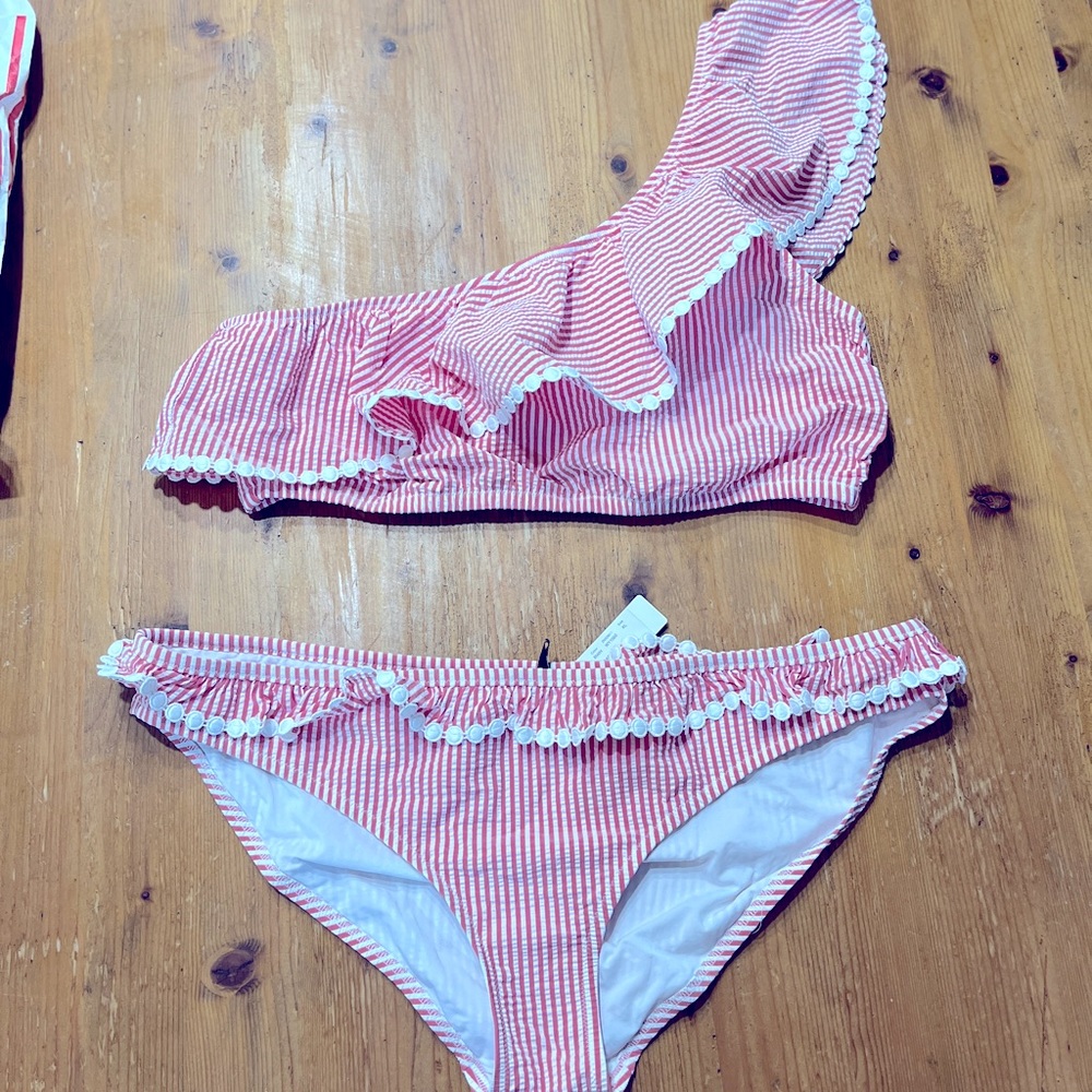 J.Crew NWT XL Seersucker Bikini Red white pink one shoulder